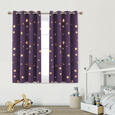 Deconovo Thermal Insulated Gold Star Foil Printed, Blackout Eyelet Bedroom Curtains, W66 x L54 Inch, Purple Grape, 2 Panels