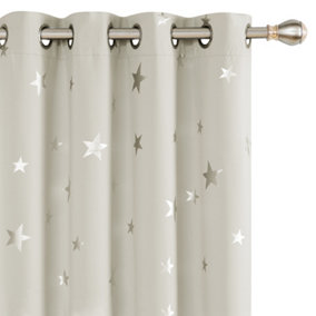 Deconovo Thermal insulated Silver Star Foil Printed Super Soft Blackout Eyelet Curtains, W52 x L72 Inch, Light Beige, 2 Panels