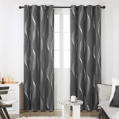 Deconovo Wave Line Foil Printed Blackout Curtains Thermal Eyelet Curtains for Kids Room 55 x 69 Inch Grey 1 Pair