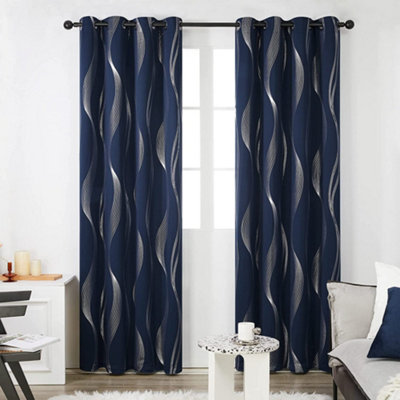 Deconovo Wave Line Foil Printed Blackout Curtains Thermal Eyelet Curtains for Living Room 55 x 54 Inch Navy Blue 1 Pair