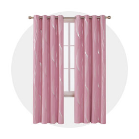 Deconovo Wave Line Foil Printed Blackout Curtains, Thermal Eyelet Energy Efficiency Curtains, W52 x L54 Inch, Pink, Two Panels