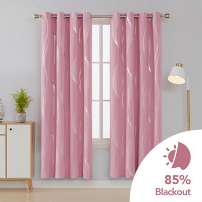 Deconovo Wave Line Foil Printed Blackout Curtains, Thermal Eyelet Energy Efficiency Curtains, W52 x L54 Inch, Pink, Two Panels