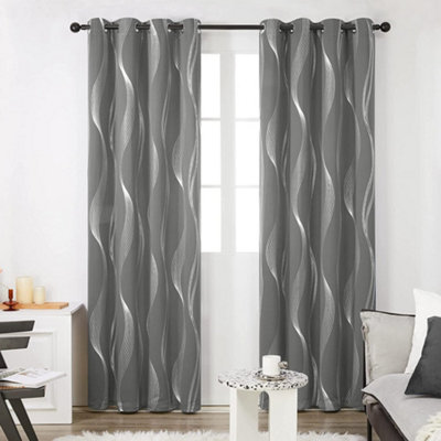 Deconovo Wave Line Foil Printed Curtains Thermal Curtains Eyelet Blackout Curtains for Bedroom 66 x 54 Inch Light Grey 2 Panels