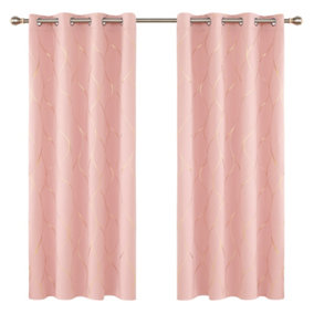 Deconovo Window Treatment Eyelet Room Darkening Curtains, Gold Wave Foil Printed Curtains , W52 x L72 Inch, Coral Pink, One Pair