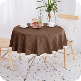 Deconovo Wipe Clean Faux Linen Water Resistant Round Table Cloth With Tassel Table Cover for Dining 140cm (55in) Brown