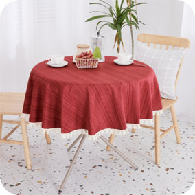 Deconovo Wipe Clean Faux Linen Water Resistant Round Table Cloth With Tassel Table Cover for Dining 140cm (55in) Red