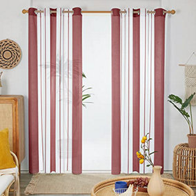 Deconovo Yarn-dyed Voile Curtains Semi Transparent Net Curtains Sheer Curtains, 55 x 90 Inch, Red, 2 Panels