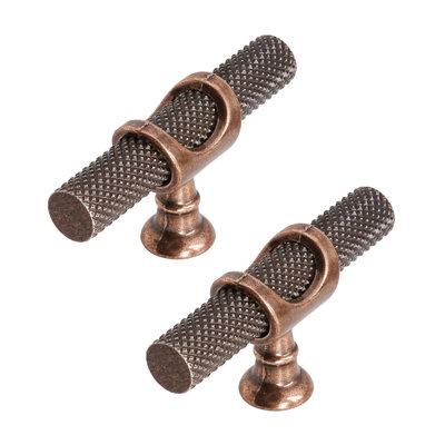 DecorAndDecor - AMELIA Antique Copper Knurled T-Bar Kitchen Cabinet Pull Knob Handles - Pair