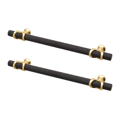 DecorAndDecor - AMELIA Matt Black & Gold Knurled T-Bar Kitchen Cabinet Pull Handles - 128mm - Pair