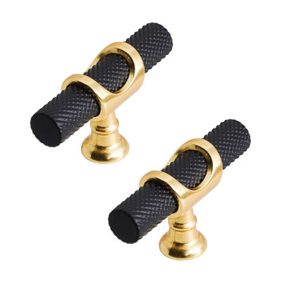 DecorAndDecor - AMELIA Matt Black & Gold Knurled T-Bar Kitchen Cabinet Pull Knob Handles - Pair