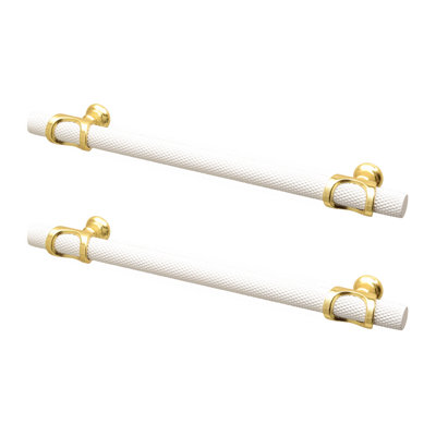 DecorAndDecor - AMELIA Matt White & Gold Knurled T-Bar Kitchen Cabinet Pull Handles - 320mm - Pair