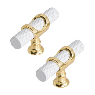 DecorAndDecor - AMELIA Matt White & Gold Knurled T-Bar Kitchen Cabinet Pull Knob Handles - Pair