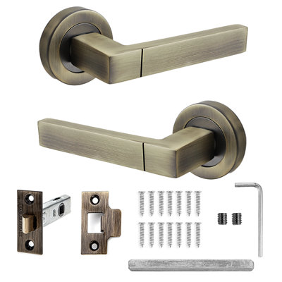 DecorAndDecor - Antique Brass Door Handle Set - Internal Door Handle Set - Brass Door Lever Handles Latch Kit - Lumina Range