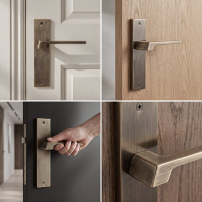 DecorAndDecor - Antique Brass Door Handle Set on Backplate - Internal Door Handle Set - Latch Kit 64mm - Spectra Range
