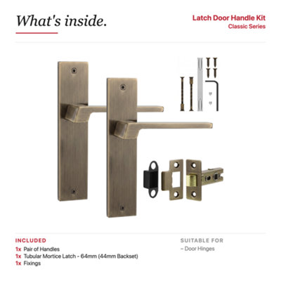 DecorAndDecor - Antique Brass Door Handle Set on Backplate - Internal Door Handle Set - Latch Kit 64mm - Spectra Range