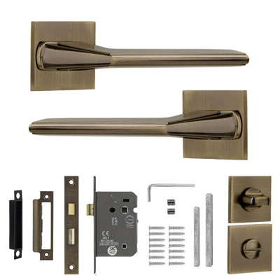 DecorAndDecor - Door Handle Set - Antique Brass Bathroom Door Handle With Lock - Brass Internal Door Lever Handles - Pera Range