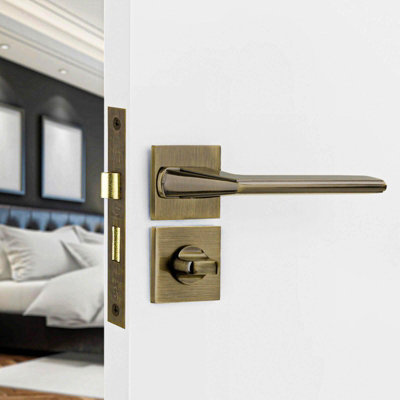 DecorAndDecor - Door Handle Set - Antique Brass Bathroom Door Handle ...