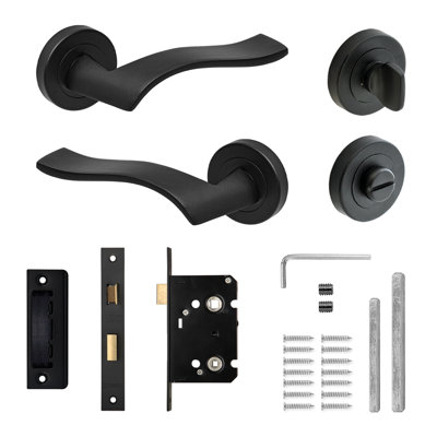 DecorAndDecor - Door Handle Set - Black Bathroom Door Handle With Lock - Black Bathroom Door Lever Handles - Emblaze Range