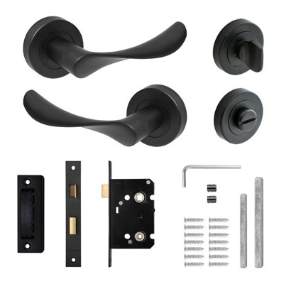 DecorAndDecor - Door Handle Set - Black Bathroom Door Handle With Lock - Black Internal Door Lever Handles - Nimbus Range