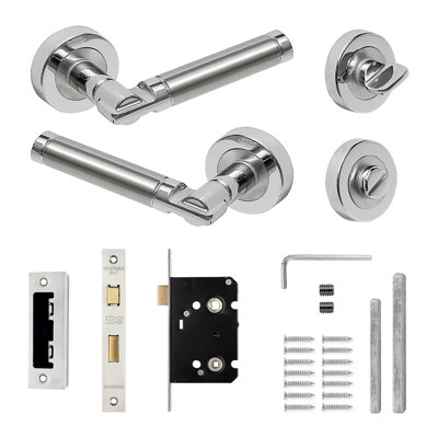 DecorAndDecor - Door Handle Set - Chrome Bathroom Door Handle With Lock - Nickel Internal Door Lever Handles - Enigma Range