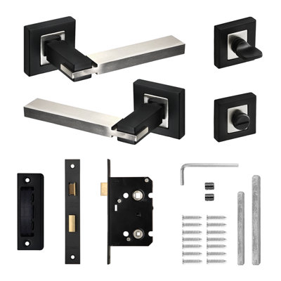 DecorAndDecor - Door Handle Set - Nickel and Black Bathroom Door Handle With Lock - Bathroom Door Lever Handles - Nexus Range