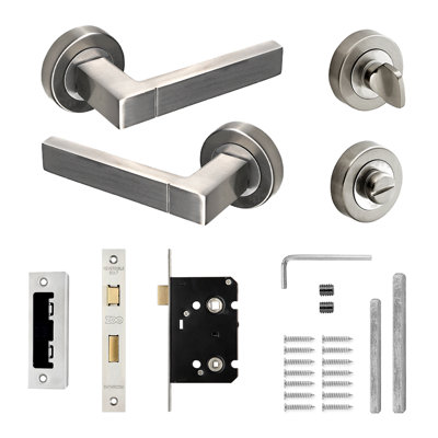 DecorAndDecor - Door Handle Set - Nickel Bathroom Door Handle With Lock - Nickel Internal Door Lever Handles - Lumina Range