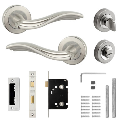 DecorAndDecor - Door Handle Set - Nickel Bathroom Door Handle With Lock - Nickel Internal Door Lever Handles - Solace Range