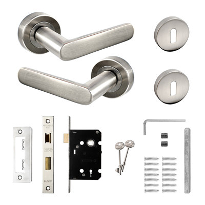 DecorAndDecor - Door Handle Set - Nickel Internal Door Handle With Lock - Nickel Internal Door Lever Handles - Echo Range