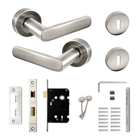 DecorAndDecor - Echo Satin Nickel Privacy Door Lever Handles - Sash Lock Kit Set