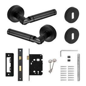 DecorAndDecor - Enigma Matt Black Privacy Door Lever Handles - Sash Lock Kit Set
