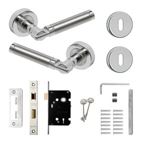 DecorAndDecor - Enigma Satin Nickel & Polished Chrome Privacy Door Lever Handles - Sash Lock Kit Set