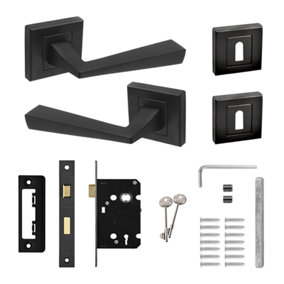 DecorAndDecor - Helix Matt Black Privacy Door Lever Handles - Sash Lock Kit Set