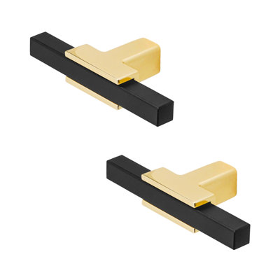 DecorAndDecor - KOTATA Matt Black & Gold T-Bar Two Tone Slim Rectangular Kitchen Cabinet Knob Handle - Pair