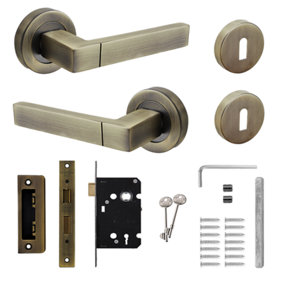 DecorAndDecor - Lumina Antique Brass Privacy Door Lever Handles - Sash Lock Kit Set