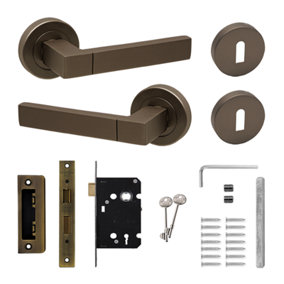 DecorAndDecor - Lumina Matt Bronze Privacy Door Lever Handles - Sash Lock Kit Set