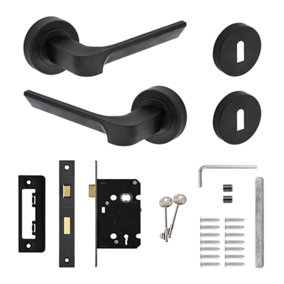 DecorAndDecor - Mirage Matt Black Privacy Door Lever Handles - Sash Lock Kit Set