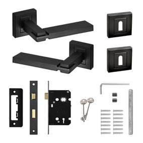 DecorAndDecor - Nexus Matt Black Privacy Door Lever Handles - Sash Lock Kit Set