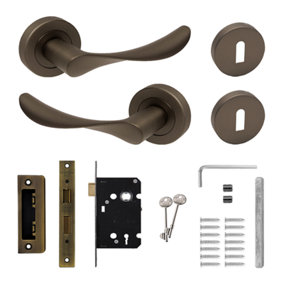 DecorAndDecor - Nimbus Matt Bronze Privacy Door Lever Handles - Sash Lock Kit Set