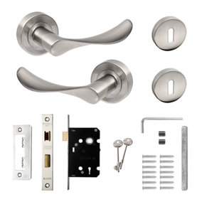 DecorAndDecor - Nimbus Satin Nickel Privacy Door Lever Handles - Sash Lock Kit Set