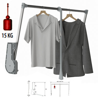 DecorAndDecor - Pull Down Wardrobe Clothes Hanging Rail Lift - Soft Close - 15Kg Capacity - 750-1150mm - Grey