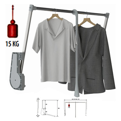 DecorAndDecor - Pull Down Wardrobe Clothes Hanging Rail - Soft Close - 15Kg Capacity - 750-1150mm - Anthracite