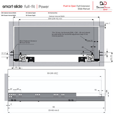 DecorAndDecor - Push to Open Undermount Drawer Runner - Full Extension - 550mm - 30kg -  Up to 19mm