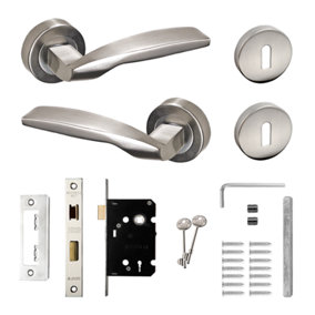 DecorAndDecor - Solitude Satin Nickel Privacy Door Lever Handles - Sash Lock Kit Set