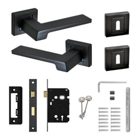 DecorAndDecor - Spectra Matt Black Privacy Door Lever Handles - Sash Lock Kit Set