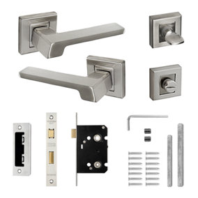 DecorAndDecor - Spectra Satin Nickel Bathroom Door Lever Handles - Bathroom Kit Set