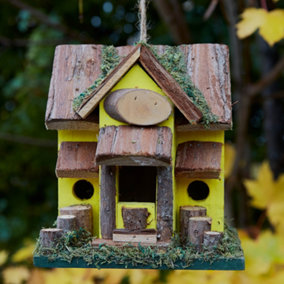 Decorative Hanging Bird House Garden Lodge Birdbox Yellow Bird Nesting Box with Moss Details