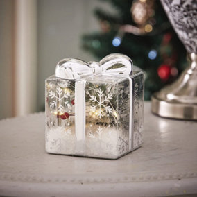 Decorative Present LED Decoration - Clear Festive Christmas Light Up Gift Box Ornament with Silver Ribbon & Bow - 10 x 12 x 12cm