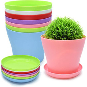 Decorative Round Plant Pots, Colourful Plastic Plant Pots for Decoration with Matching Trays (8 Pack) (Coloured Large)
