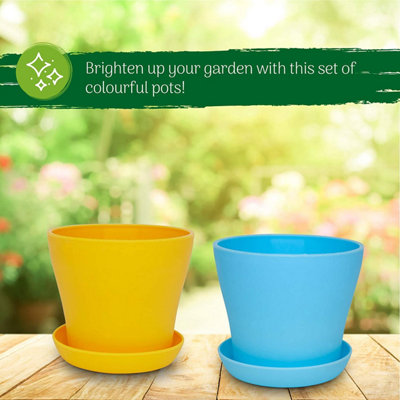 Decorative Round Plant Pots Colourful Plastic Plant Pots for Decoration with Matching Trays 8 Pack Coloured Large