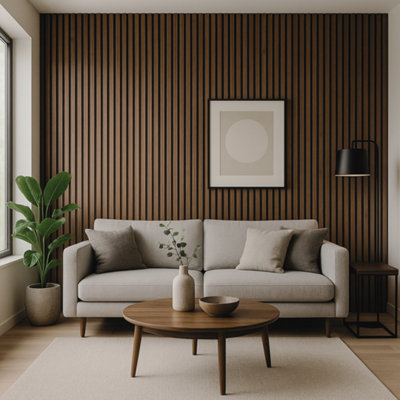 Decorative wooden wall slat panel in walnut 240cm x 60cm